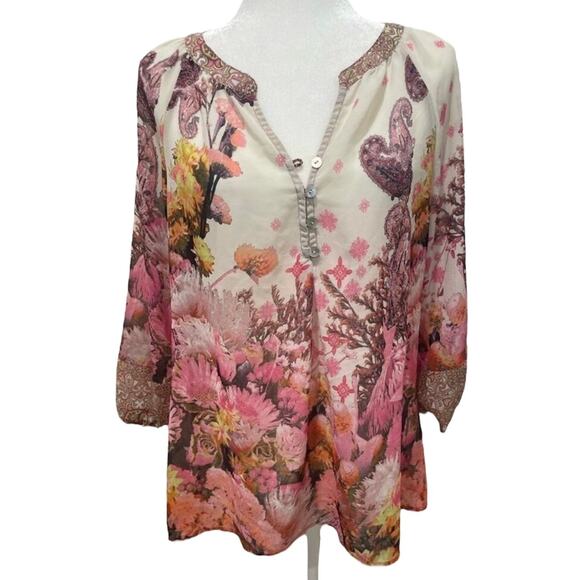 Fig and‎ Flower Boho Blouse Floral Chiffon Peasant- Medium - Picture 1 of 9